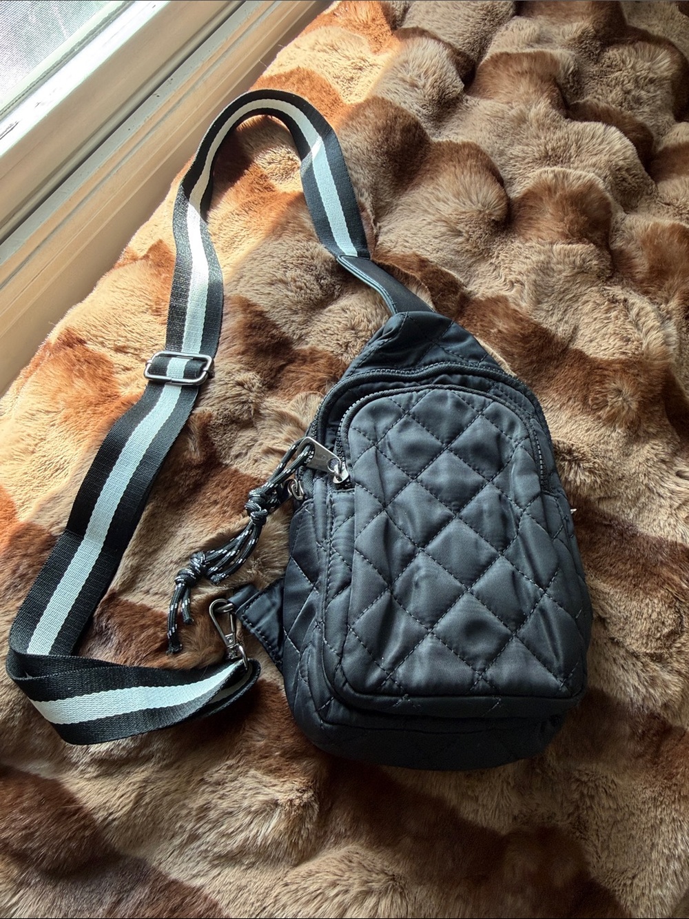 Urban Expressions Black Quilted Crossbody Bag with Striped Strap